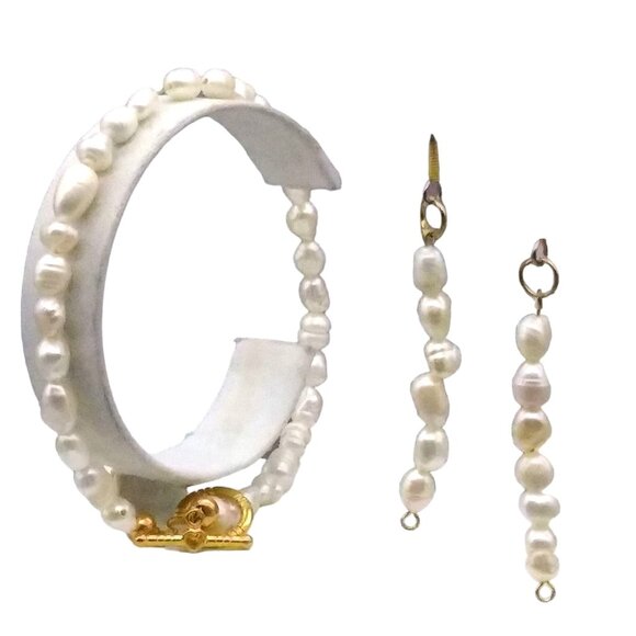 Vintage Freshwater Rice Pearls Parure, Lustrous White Bracelet and Dangle Earrin - Picture 1 of 2